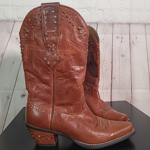 NEW Ariat Cowboy Boots Womens 7 Maple Brown Studded Leather Point Toe Western - Picture 4 of 14